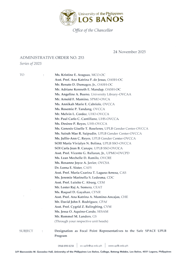 OC Administrative Order No. 253, Series of 2025, Designation as Focal Point Representatives to the Safe SPACE UPLB Program